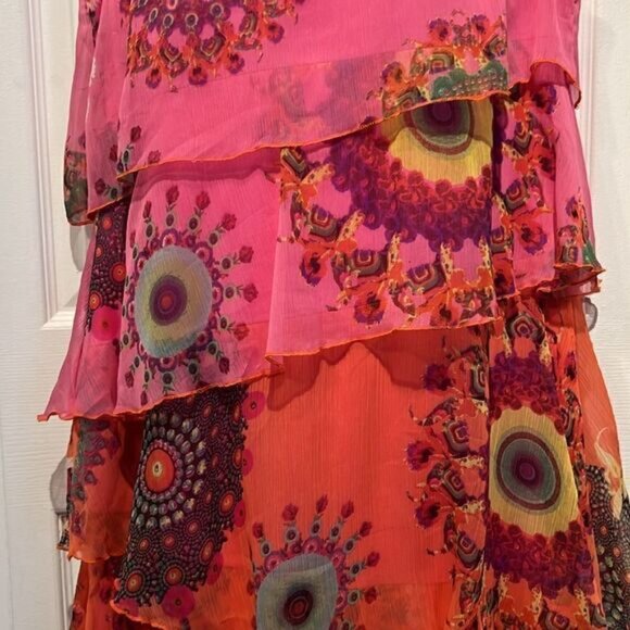 Desigual Pink V Neck Sleeveless Tiered Ruffle Lined Dress Size 44 EU  US Large - Picture 3 of 11